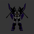 Purple and Black Transformer Toy with White Accents Mechanical Wings and Weapons in Standing Pose