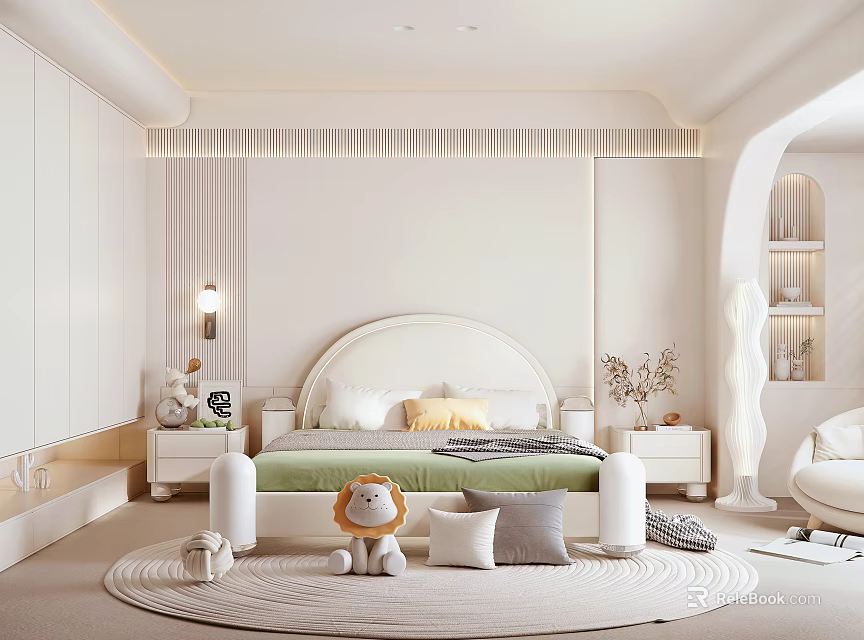 Bright Modern Kids Room Interior With White Headboard Green Bedding Round Rug And Stuffed Lion 3d model 