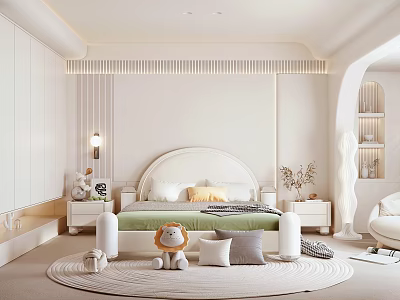 Bright Modern Kids Room Interior With White Headboard Green Bedding Round Rug And Stuffed Lion 3d model
