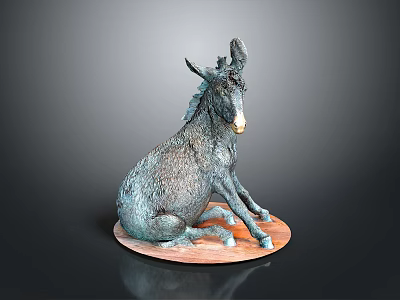 Detailed Sitting Turquoise Gray Donkey Sculpture On Round Wooden Base 3d model