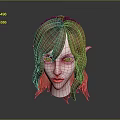 Elf Ears Green Eyes and Curly Brown Hair on 3D Head Model with Pink Skin