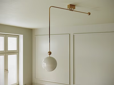 Modern Brass Pendant Light With White Spherical Shade In Room With White Walls And Window 3d model
