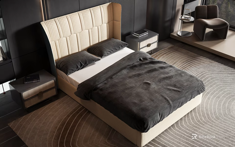 Modern Double Bed With Beige Upholstered Headboard Dark Bedding Nightstand And Patterned Rug In Bedroom 3d model 