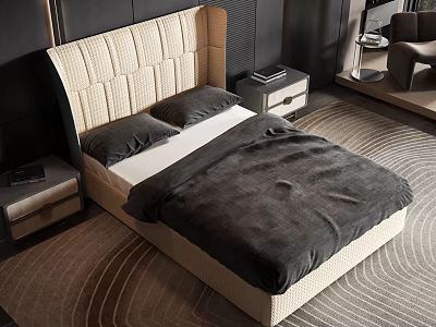 Modern Double Bed With Beige Upholstered Headboard Dark Bedding Nightstand And Patterned Rug In Bedroom 3d model