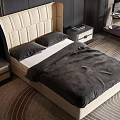Modern Double Bed With Beige Upholstered Headboard Dark Bedding Nightstand And Patterned Rug In Bedroom