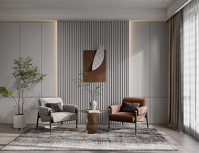 Elegant Modern Leisure Sofa Set With Gray Brown Chairs Round Table Striped Wall and Plants 3d model