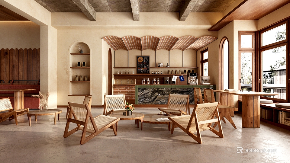 Cozy Cafe Interior With Wooden Furniture Marble Counter Open Layout And Natural Lighting 3d model 