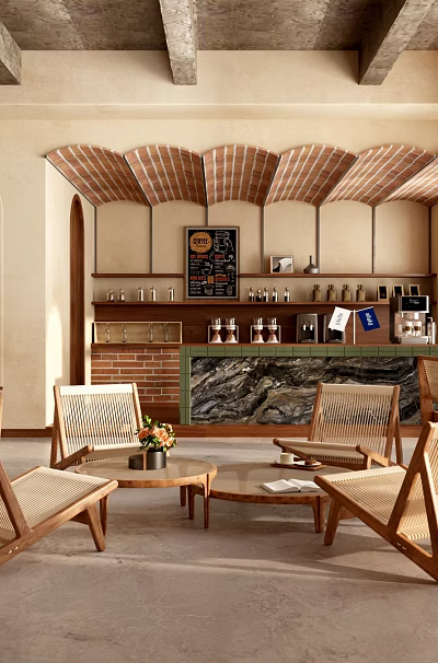Cozy Cafe Interior With Wooden Furniture Marble Counter Open Layout And Natural Lighting 3d model
