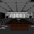 Spacious Conference Room Interior With Long Wooden Table Black Office Chairs And Green Plants