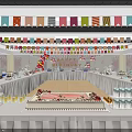 Meeting Room Decorated With Colorful Banners Long Tables Cake And Drinks