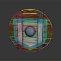 Round Wooden Shield With Brown Turquoise Stripes White Accents And Metal Ball