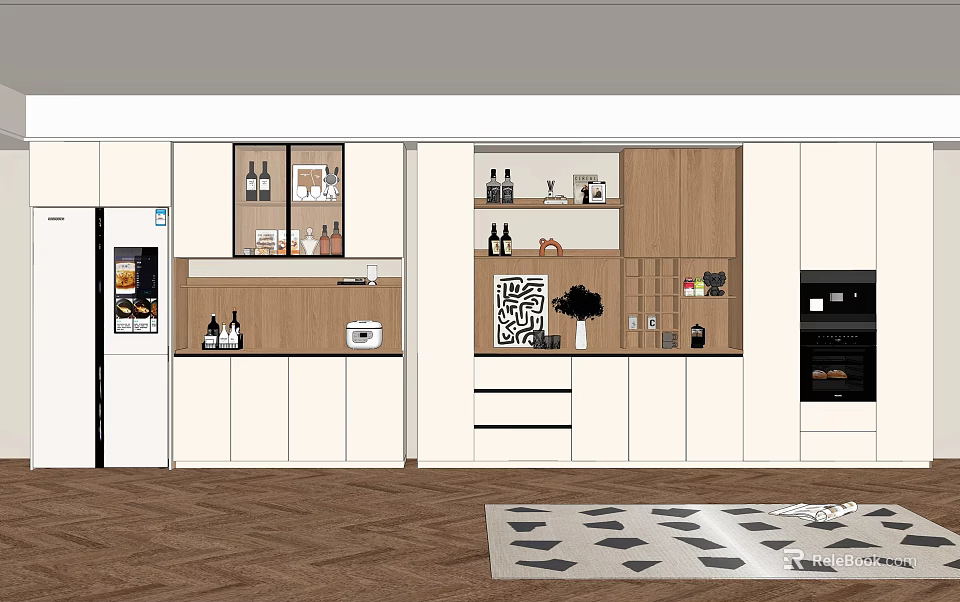 Modern Kitchen Wine Cabinet With Glass Doors And Decorative Wine Bottles 3d model 