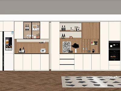 Modern Kitchen Wine Cabinet With Glass Doors And Decorative Wine Bottles 3d model