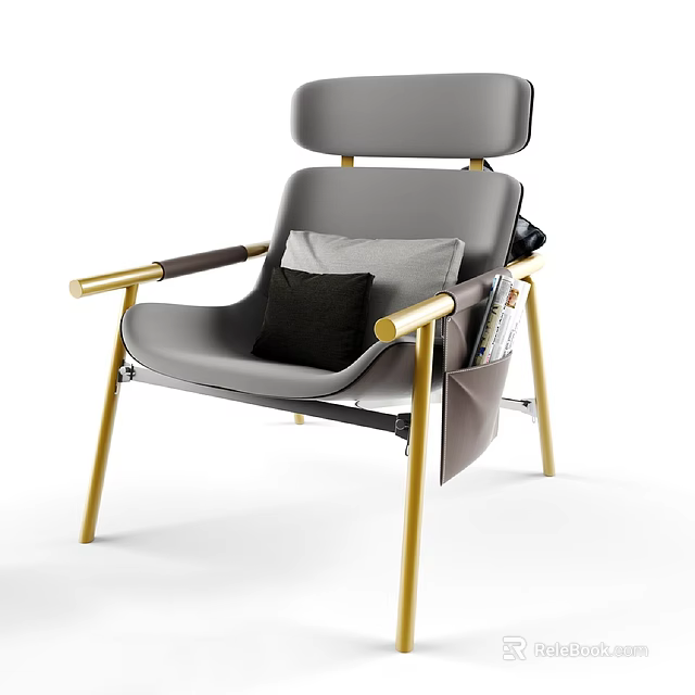 Modern Accent Chair With Gray Upholstery Gold Metal Legs Black Gray Pillows Magazine Side Pocket 3d model 