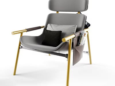 Modern Accent Chair With Gray Upholstery Gold Metal Legs Black Gray Pillows Magazine Side Pocket 3d model