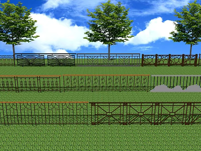 Decorative Wrought Iron Fences on Green Grass with Trees Blue Sky and White Clouds 3d model