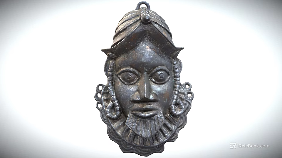 Intricate Traditional Bronze Mask With Detailed Carved Facial Features And Ornamental Headgear 3d model 