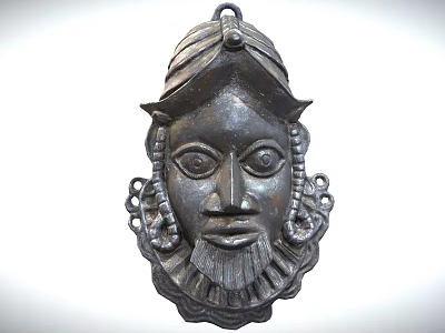 Intricate Traditional Bronze Mask With Detailed Carved Facial Features And Ornamental Headgear 3d model