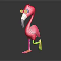 Pink Flamingo Character Wearing Round Glasses Standing On One Yellow Leg Against Dark Background