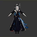 A Woman In Elegant Traditional Black Robe With Blue Ribbons And Decorative Headpiece