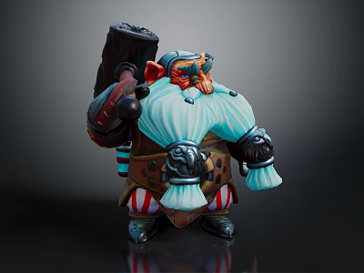 Game Fantasy Character Chubby Dwarf With Large Blue Beard Striped Clothing And Wooden Hammer 3d model