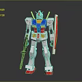 Gundam Model With White Blue Red Yellow Colors Shield Gun Standing Pose Gray Background
