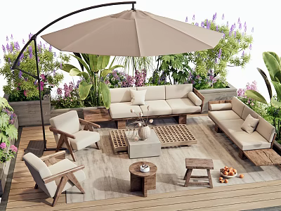 Comfortable Outdoor Sofa Set With Patio Furniture And Greenery Under Umbrella 3d model