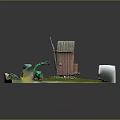 Rural Scene Model With Wooden Windmill Cabin Tractor Trailer And Grass Path