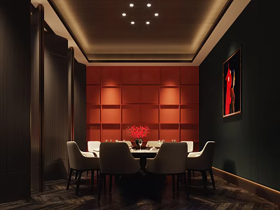 Elegant Private Dining Room With Red Paneled Wall Round Table White Chairs And Ceiling Lights 3d model