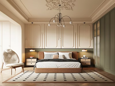 Elegant Modern Bedroom Interior With Chandelier Paneled Walls Bed And Nightstands 3d model