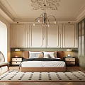 Elegant Modern Bedroom Interior With Chandelier Paneled Walls Bed And Nightstands