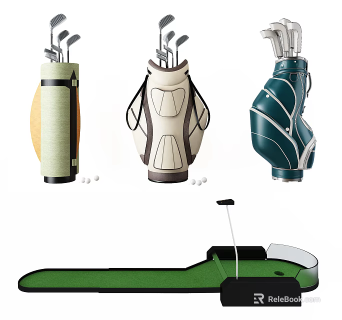 Golf Sports Equipment With Three Different Colored Bags Golf Balls And Indoor Putting Green 3d model 