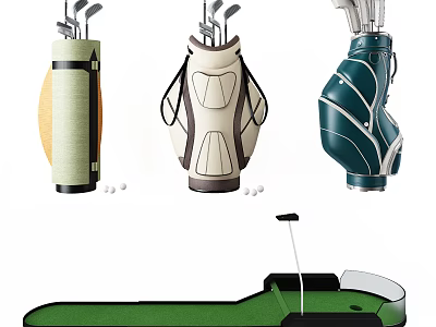Golf Sports Equipment With Three Different Colored Bags Golf Balls And Indoor Putting Green 3d model