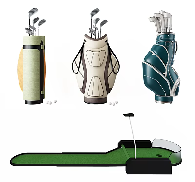 Golf Sports Equipment With Three Different Colored Bags Golf Balls And Indoor Putting Green 3d model