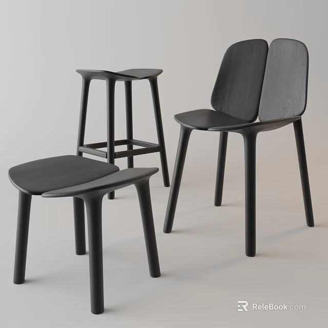 Modern Black Wooden Leisure Chair with Matching Stools and Minimalist Design 3d model 