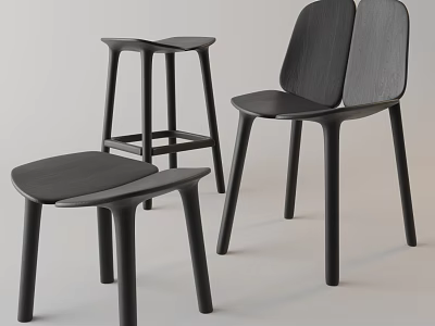 Modern Black Wooden Leisure Chair with Matching Stools and Minimalist Design 3d model