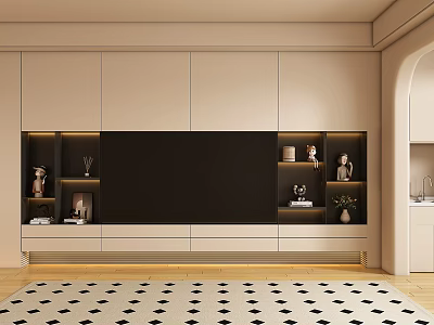 Modern TV Cabinet With Black Screen Open Shelves Beige Decorations And LED Strip Lighting 3d model