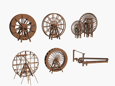 Traditional Wooden Garden Ornaments With Various Windmill And Waterwheel Designs 3d model