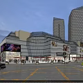 Modern Commercial Street With Glass Facades Night Scene Pedestrians And Bright Lighting