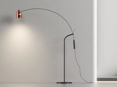 Modern Floor Lamp with Copper Shade Black Curved Pole and Circular Base Illuminating Light Wall 3d model
