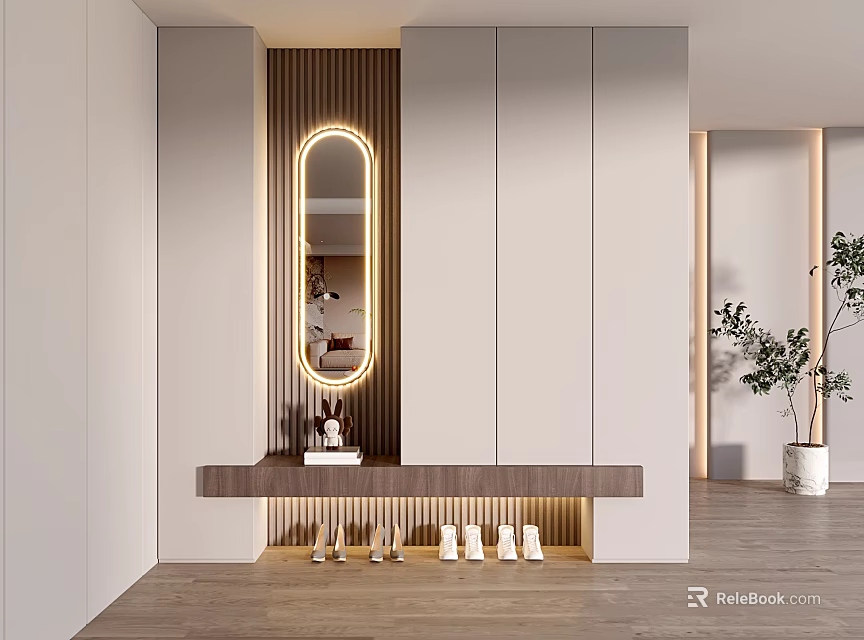 Modern Entryway Hallway With Illuminated Mirror Console Table And Cabinets 3d model