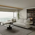 Modern Living Room With Large TV White Sofa Red Armchair And Floor To Ceiling Windows View