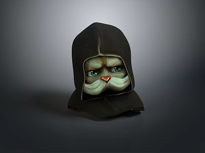 Hooded Cat Character With Green Eyes White Mustache And Orange Nose 3d model