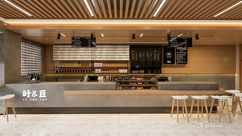 Modern Café Interior Design With Wooden Ceiling Menu Boards Counter Marble Floor And Stools 3d model 