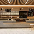 Modern Café Interior Design With Wooden Ceiling Menu Boards Counter Marble Floor And Stools