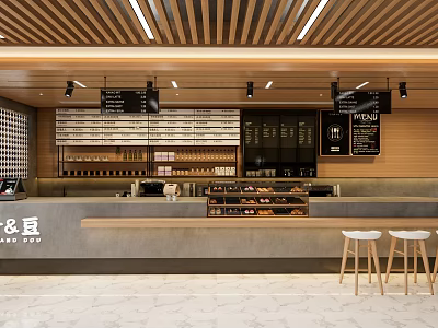 Modern Café Interior Design With Wooden Ceiling Menu Boards Counter Marble Floor And Stools 3d model