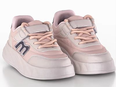Pastel Pink And White Sneakers With Thick Sole Letter M Logo Lace Up Strap 3d model