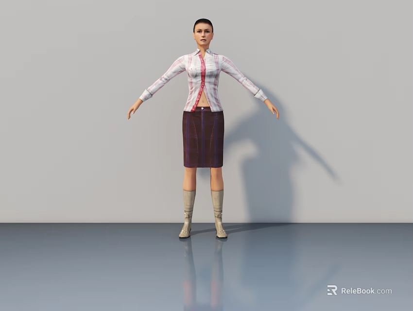 A Woman in Striped Shirt and Plaid Skirt with Arms Outstretched on Shiny Floor Gray Background 3d model 
