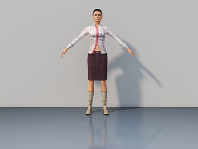 A Woman in Striped Shirt and Plaid Skirt with Arms Outstretched on Shiny Floor Gray Background 3d model