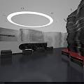 Modern Lobby Interior Design With White Wavy Walls Circular Lights Grey Seats And Red Benches